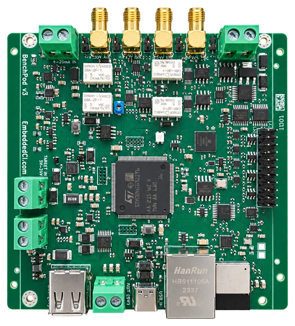 The BenchPod v3 board: four SMA analog connectors along the top, screw terminals for target power and the 4-20 mA loop, the logic-analyzer header on the right, and Ethernet and USB-C along the bottom